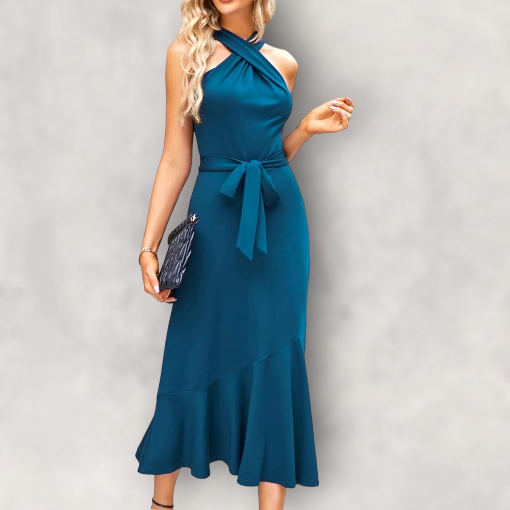 JASAMBAC Midi Criss Cross Halter Neck Sleeveless Ruffle Hem Dress with Belt - Picture 6 of 7